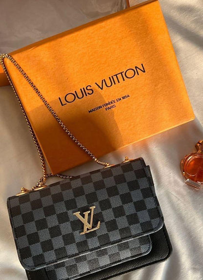 LV stylish women's black pu leather crossbody bag -1 pc with chain
